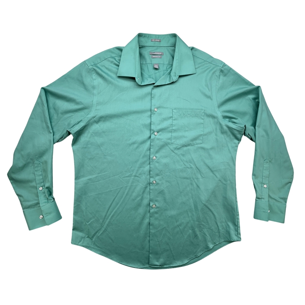 Van Heusen Shirt Mens 17 Lux Sateen Athletic Fit No Iron Green Button Up